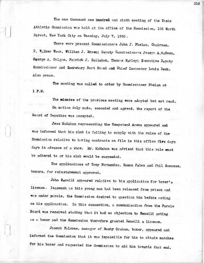 New York State Athletic Commission Minutes, July - October 1936