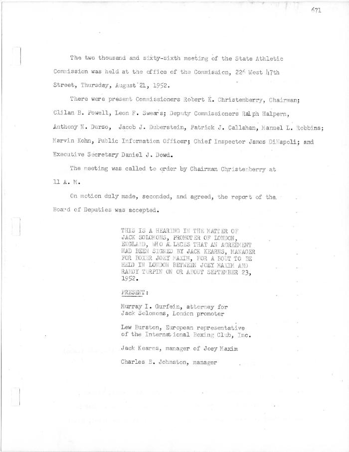 New York State Athletic Commission Minutes, August - September 1952