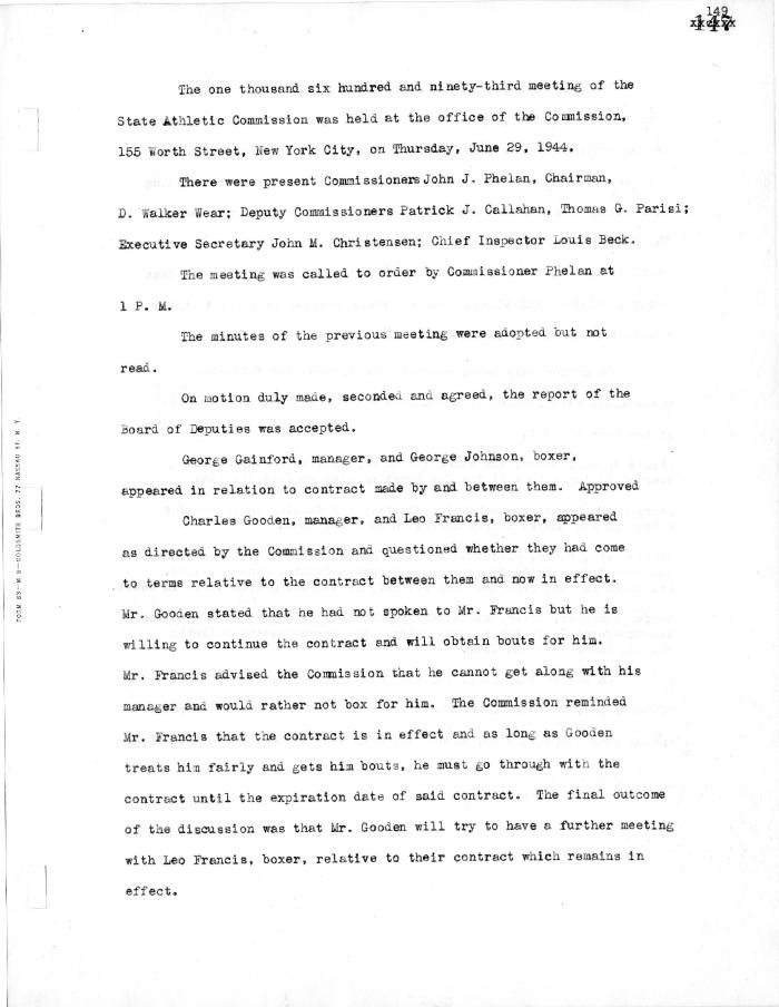 New York State Athletic Commission Minutes, June - December 1944