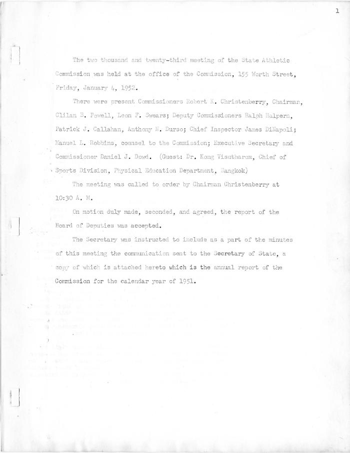 New York State Athletic Commission Minutes, January 1952