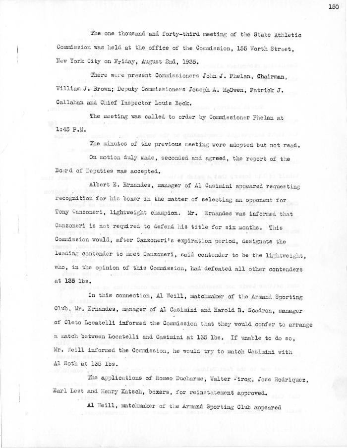 New York State Athletic Commission Minutes, August - December 1935