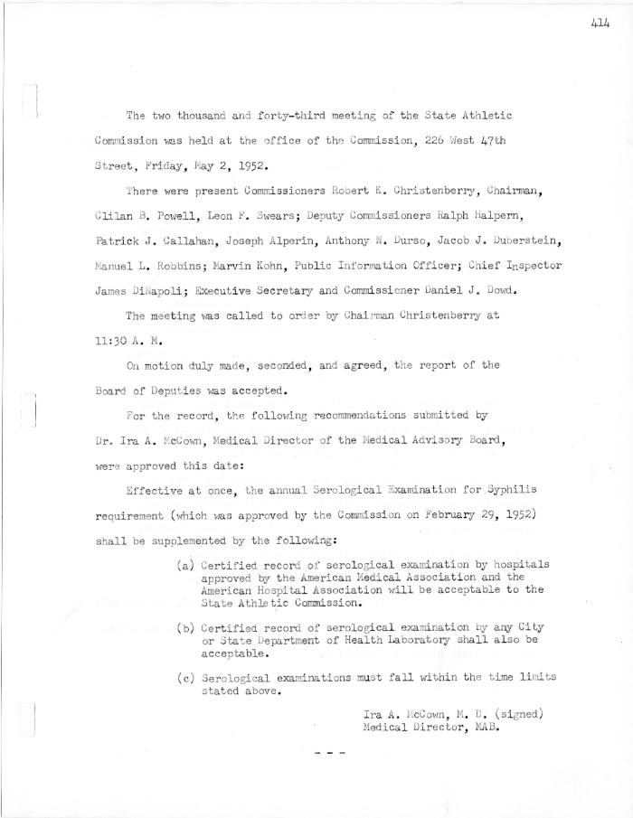 New York State Athletic Commission Minutes, May - June 1952