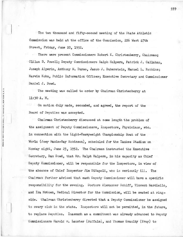 New York State Athletic Commission Minutes, June - August 1952