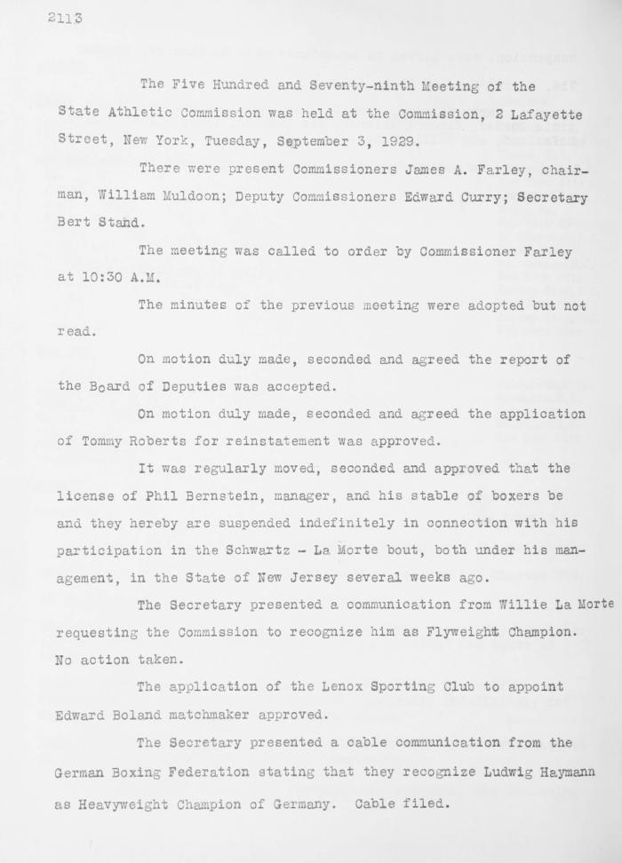 New York State Athletic Commission Minutes, September - December 1929