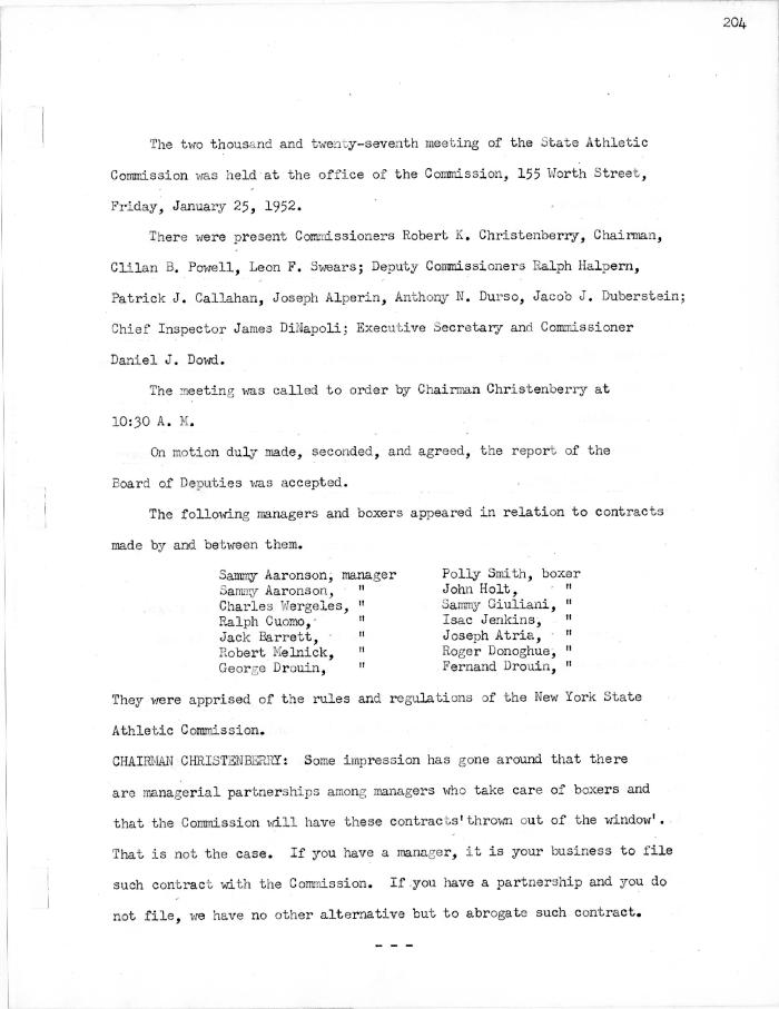 New York State Athletic Commission Minutes, January - February 1952