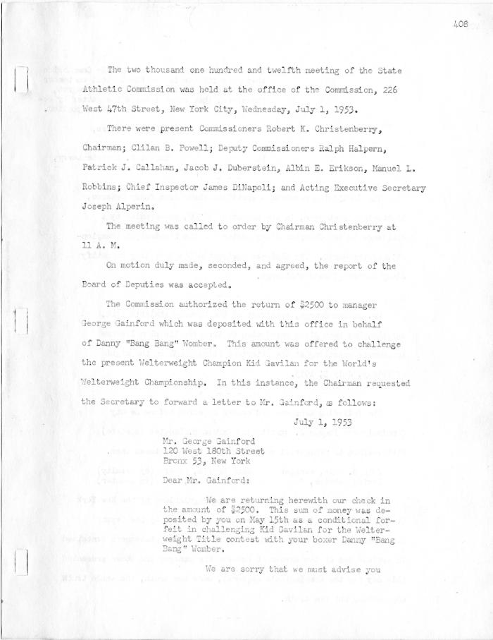 New York State Athletic Commission Minutes, July - September 1953