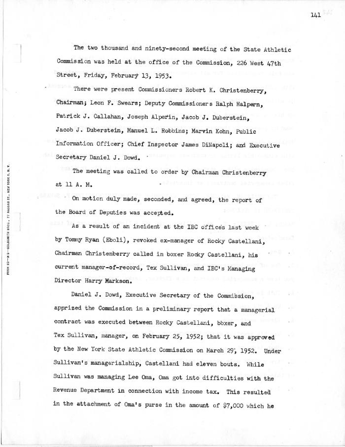 New York State Athletic Commission Minutes, February - April 1953