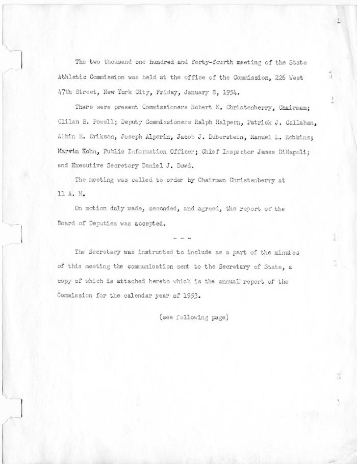 New York State Athletic Commission Minutes, January - February 1954