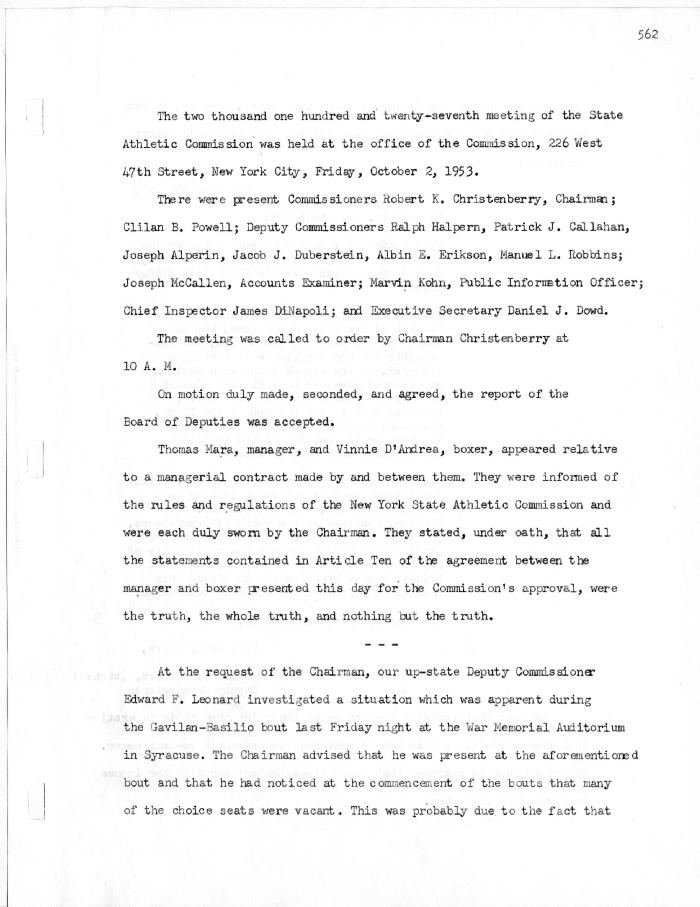 New York State Athletic Commission Minutes, October - November 1953