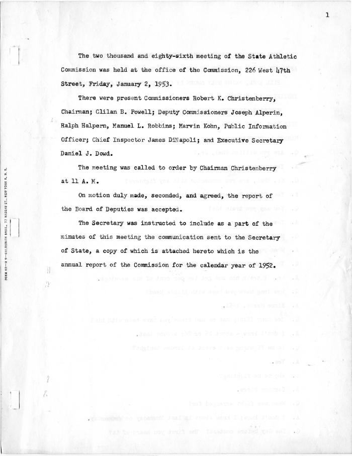 New York State Athletic Commission Minutes, January - February 1953