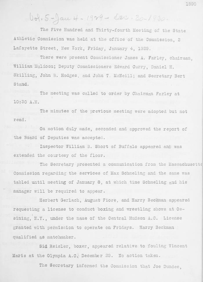 New York State Athletic Commission Minutes, January - April 1929