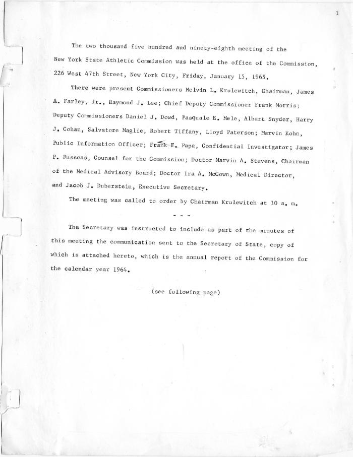 New York State Athletic Commission Minutes, January - April 1965