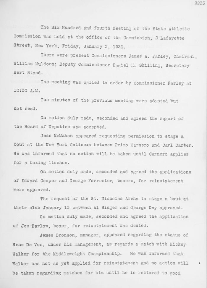 New York State Athletic Commission Minutes, January - April 1930