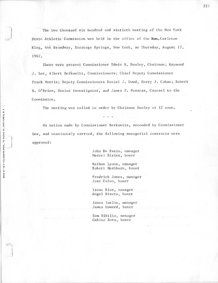 New York State Athletic Commission Minutes, August - December 1967