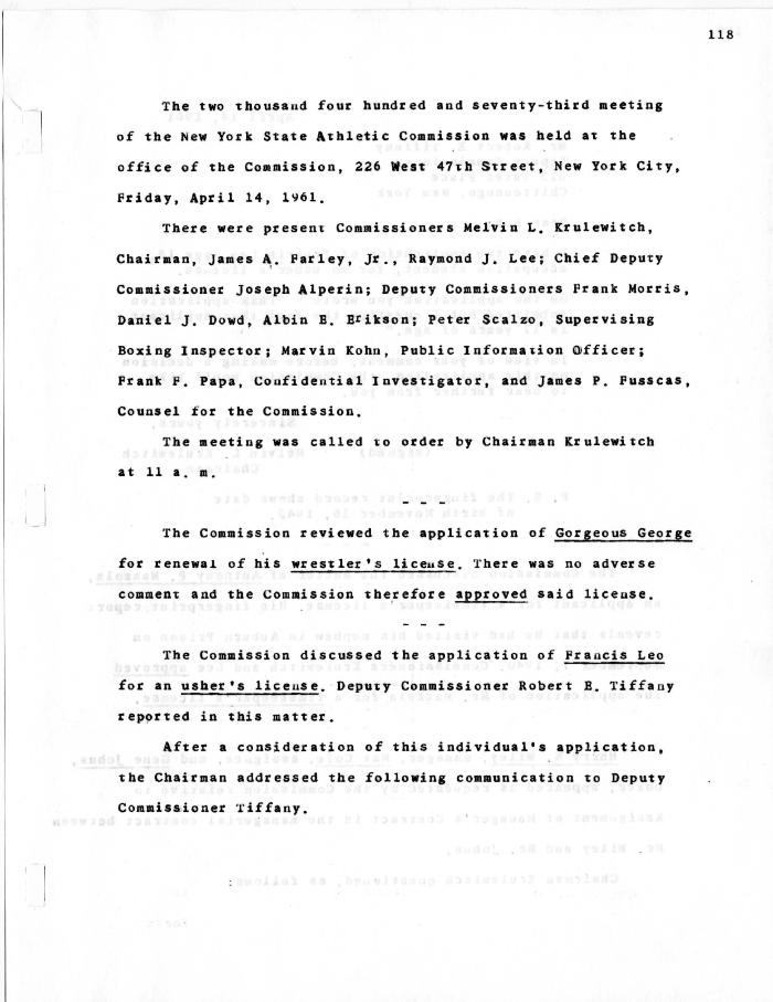 New York State Athletic Commission Minutes, April - June 1961