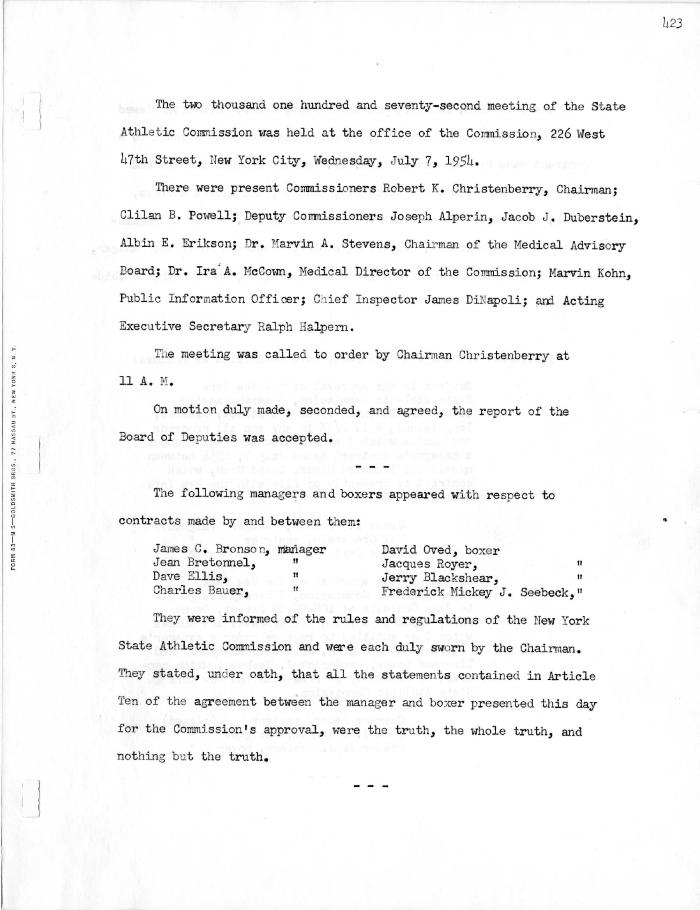 New York State Athletic Commission Minutes, July - September 1954