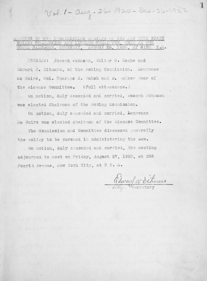 New York State Athletic Commission Minutes, 1920