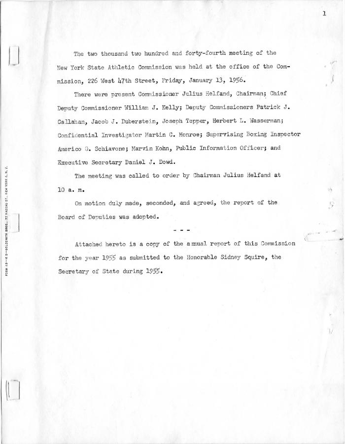 New York State Athletic Commission Minutes, January - March 1956