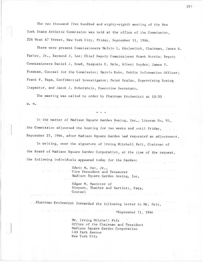 New York State Athletic Commission Minutes, September - December 1964