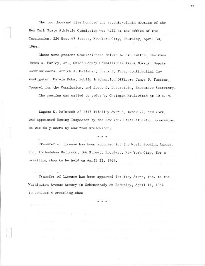 New York State Athletic Commission Minutes, April - August 1964