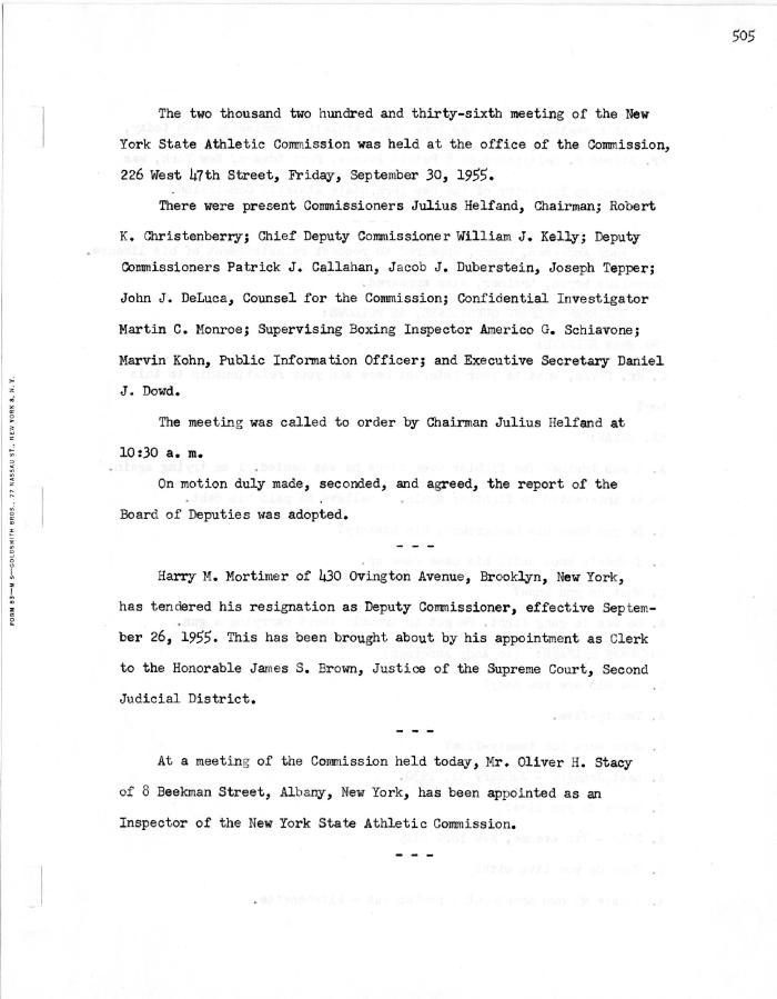 New York State Athletic Commission Minutes, September - December 1955