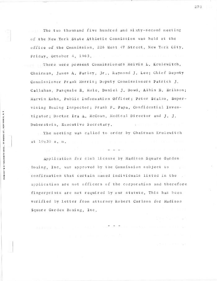 New York State Athletic Commission Minutes, October - December 1963