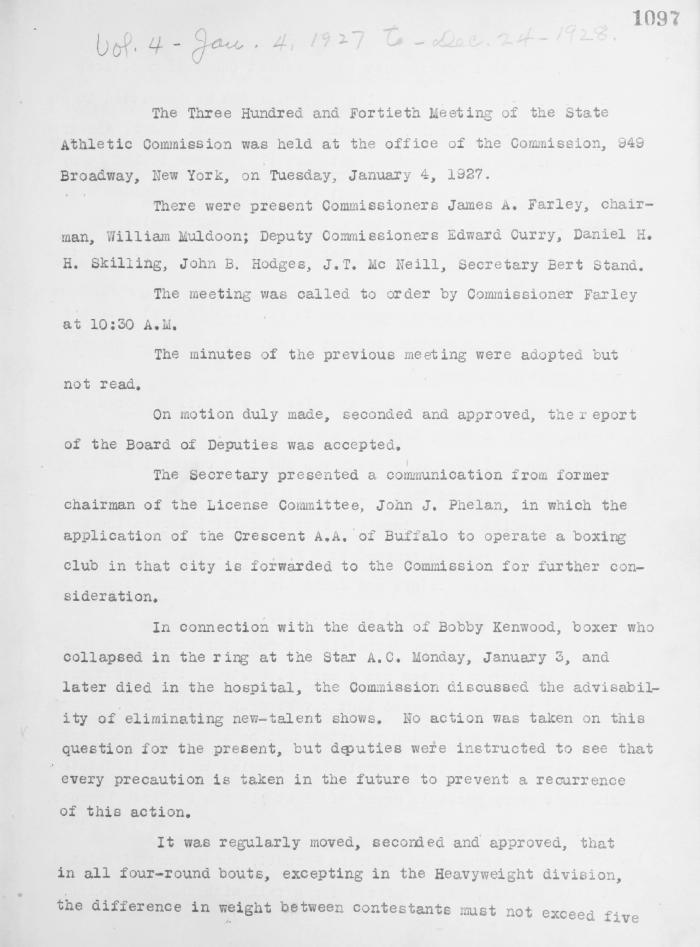 New York State Athletic Commission Minutes, January - March 1927