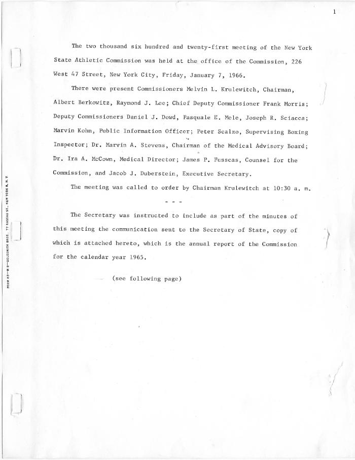 New York State Athletic Commission Minutes, January - May 1966