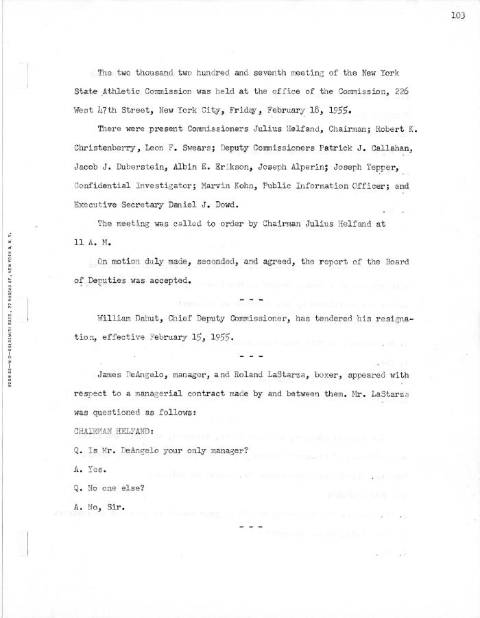 New York State Athletic Commission Minutes, February - April 1955