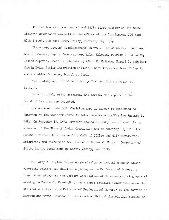 New York State Athletic Commission Minutes, February - April 1954