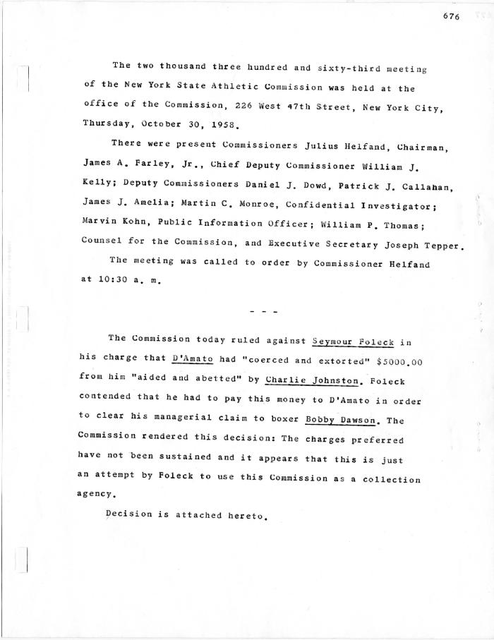 New York State Athletic Commission Minutes, October - December 1958