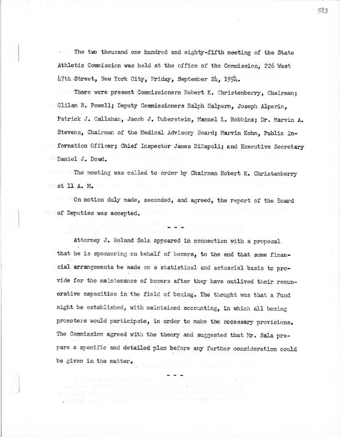 New York State Athletic Commission Minutes, September - October 1954