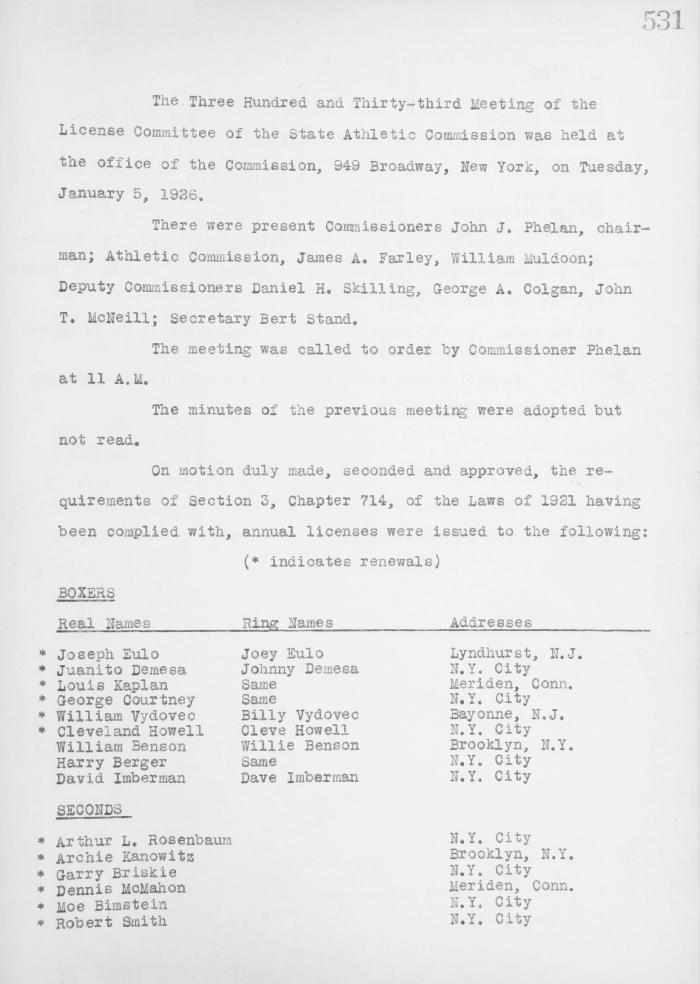 New York State Athletic Commission License Committee Minutes, 1926