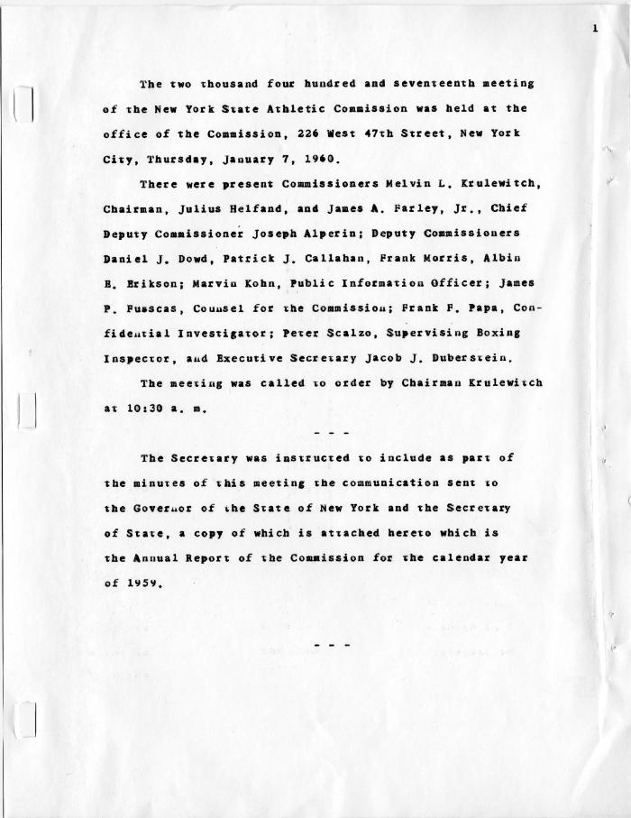 New York State Athletic Commission Minutes, January - March 1960