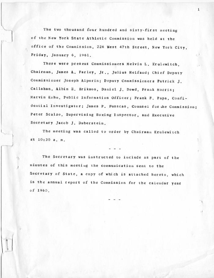 New York State Athletic Commission Minutes, January - March 1961