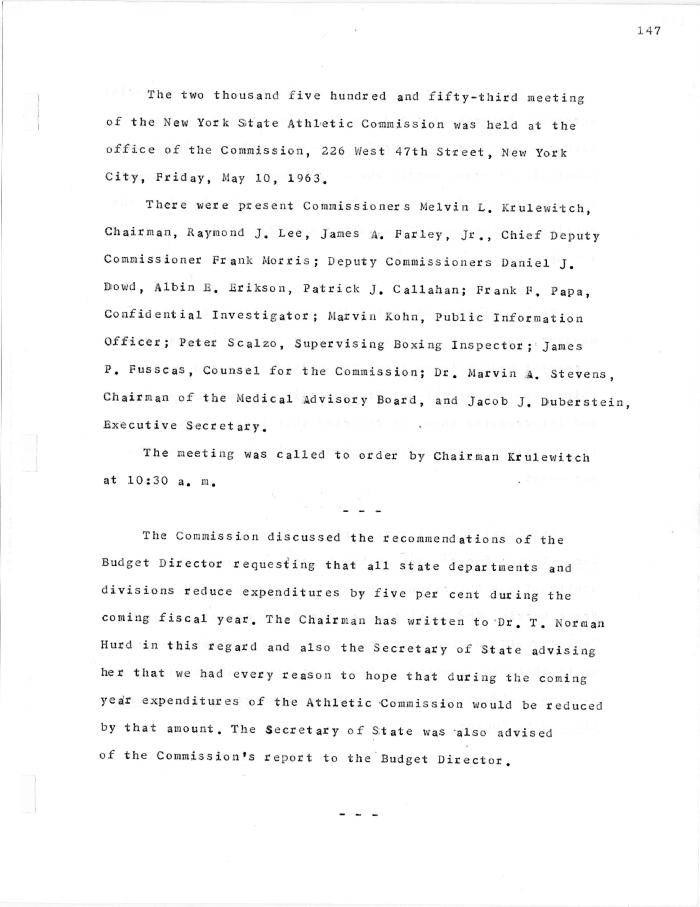 New York State Athletic Commission Minutes, May - September 1963