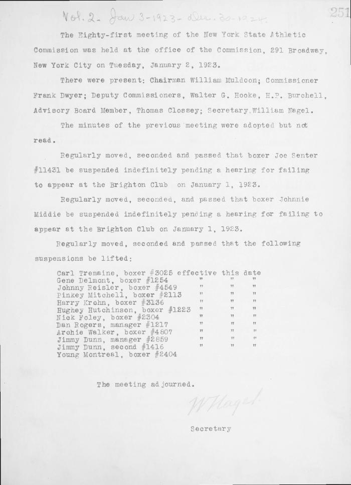 New York State Athletic Commission Minutes, January - July 1923