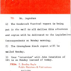 Memorandum to Dr. Hollis S. Ingraham mentioning Woodstock Festival report