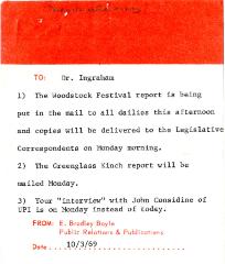 Memorandum to Dr. Hollis S. Ingraham mentioning Woodstock Festival report