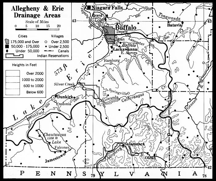 Physical Map of Allegheny and Erie Drainage Areas in New York.