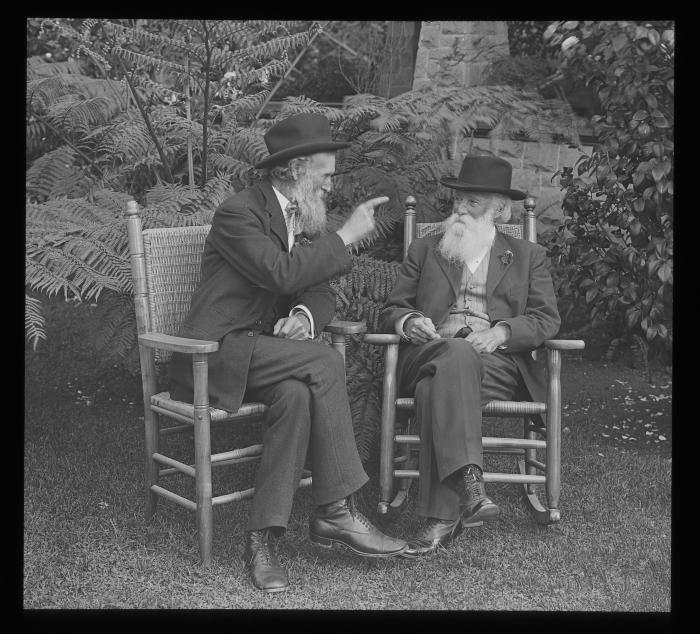 John Muir and John Burroughs. Seated in Garden. Pasadena, Calif.