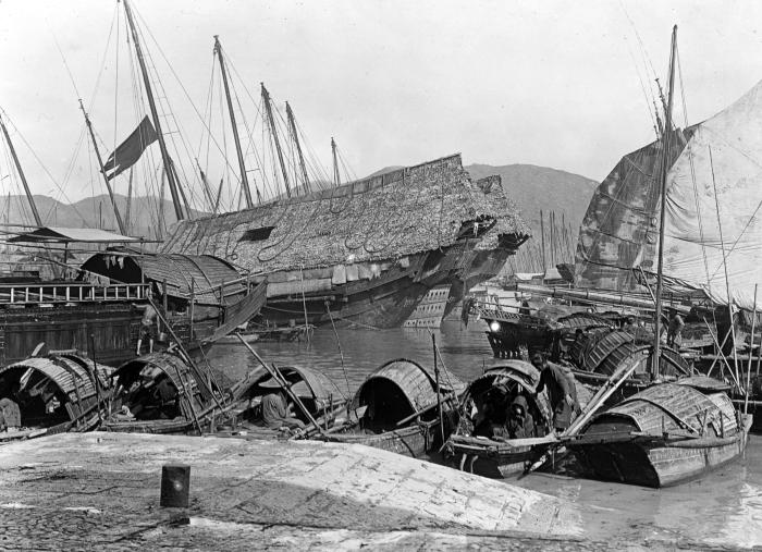 Numerous sampans and junks along waterfront, Pearl River, Canton, China